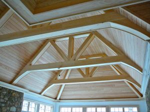 Douglas Fir Ceiling Paneling, Poplar Beam Wraps and Crown Moulding