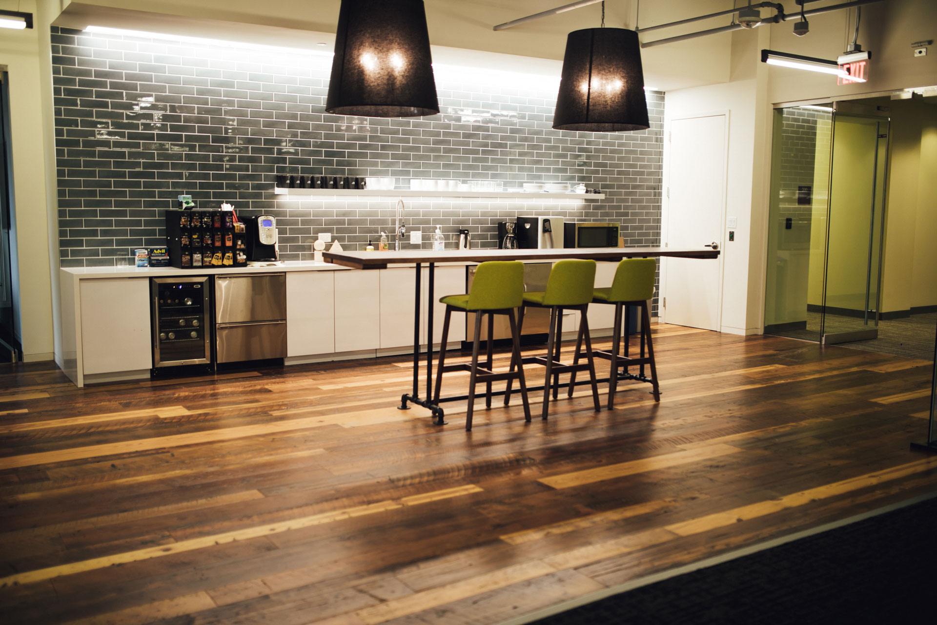 Tobacco wood kitchen floor with American Heritage flooring from Cochran's Lumber