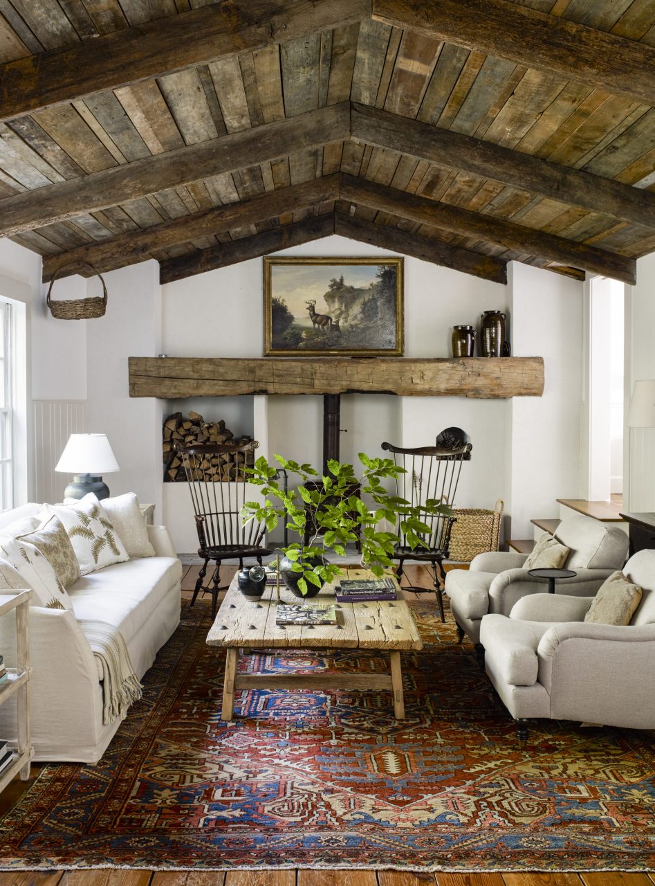Image of Room with Beams Mantel and Ceiling Panels