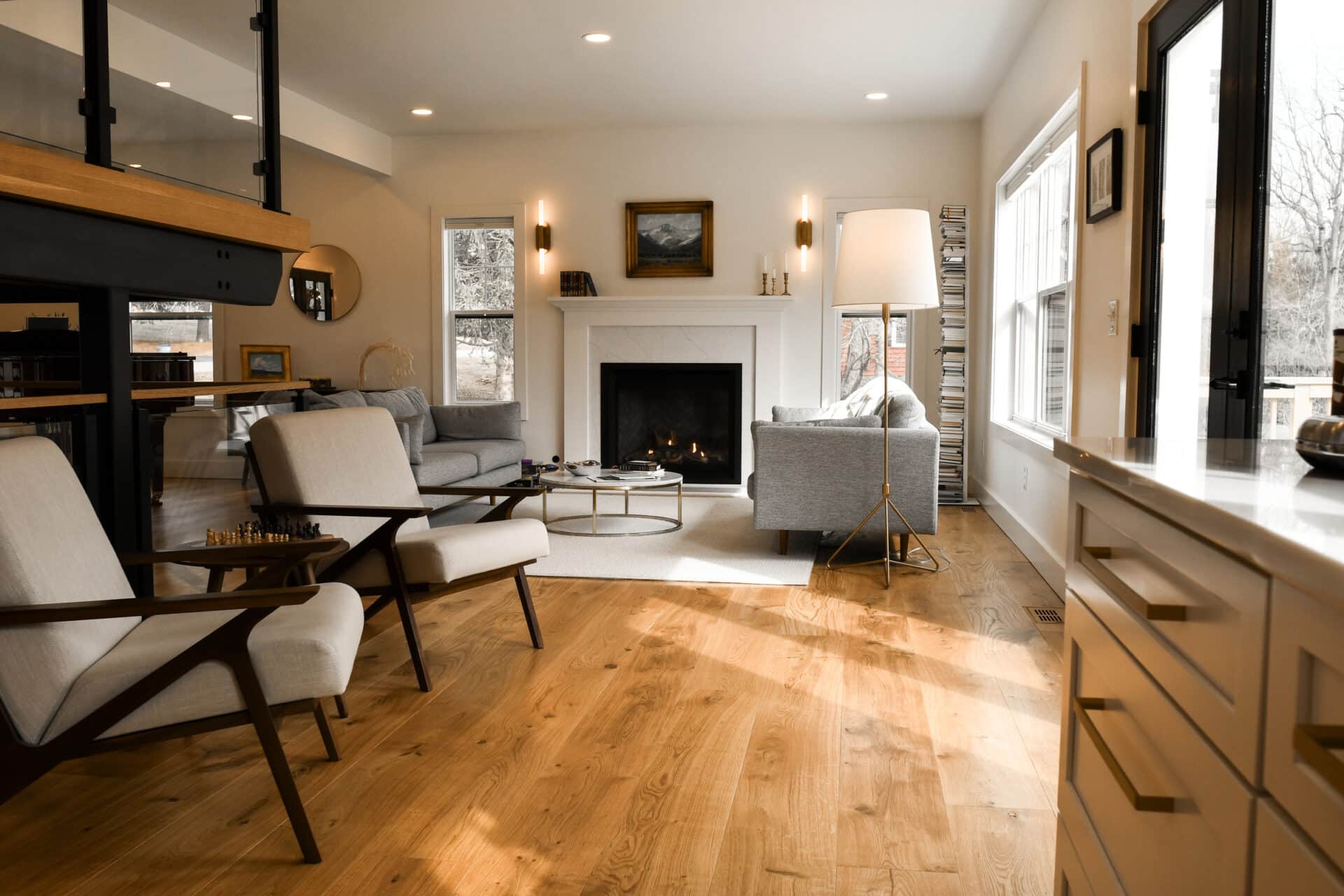 Living room with white oak hardwood flooring